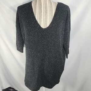 Express Black w/Metallic Sparkles V Neck 3/4" Sleeve Sweater Size Medium